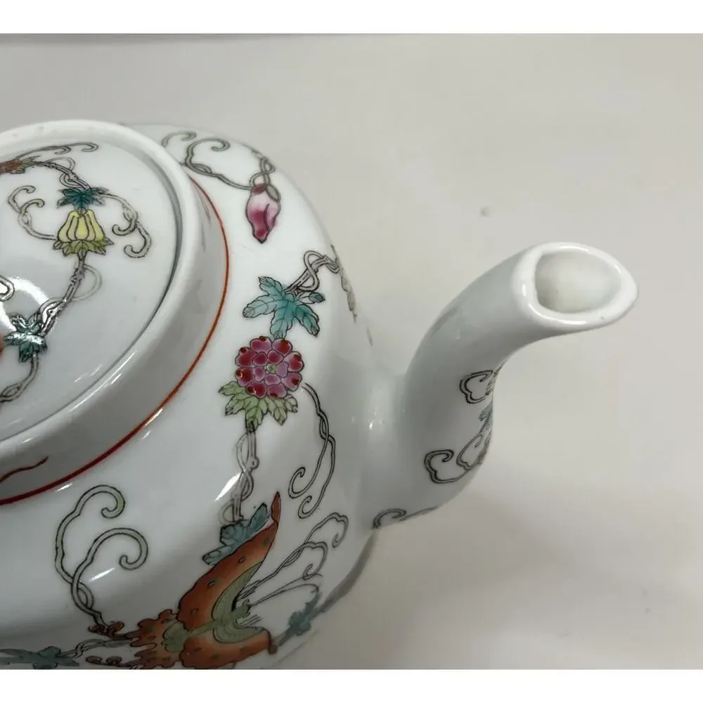 Vtg Chinese Jingdezhen Porcelain Floral Teapot Hand Painted Flowers Butterflies